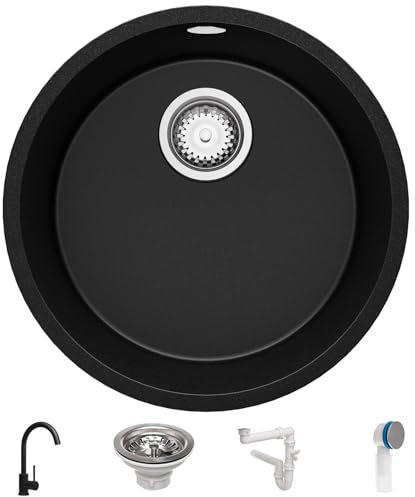 PRIMAGRAN Evier cuisine Granit Rond Noir 46x46cm, Evier 1 bac + Kit de Vidage + Robinet 32x20cm, Lavabo Cuisine au meuble 50cm - La Valette Slim