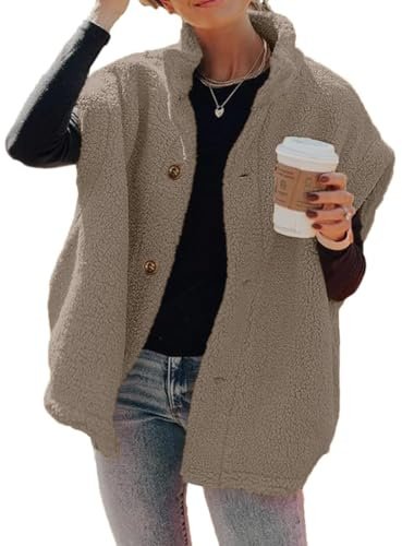 Hongqizo Gilet da donna in pile peloso, casual, oversize, caldo, con bottoni e tasche | con tasche, tinta unita, a righe, stampa leopardata, cappotti senza maniche, vestibilità larga, casual, abbottonatura