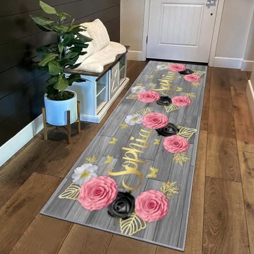 Siunwdiy Tapis Couloir Gris Rose Blanc 40x120cm Motif Floral 3D Tapis De Couloir Long Antiderapant,Tapis Cuisine Devant Evier Tapis De Cuisine Lavable Tapis D Entree Interieur Tapis De Passage
