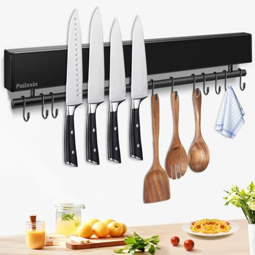 Pailexin 17 Inch Magnetic Knife Holder with 10 Hooks, No Drilling Black Stainless Steel Modern Knife Magnet Rack