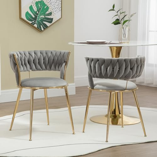 Merax Esszimmerstühle 2er Set, Freizeit Esszimmerstuhl Stühle mit Gebogene Linie Rückenlehne, Moderner Akzent Stuhl, Kosmetikstuhl, Samt Gold Beine Küchenstuhl, für Wohnzimmer Schlafzimmer Büro, Grau