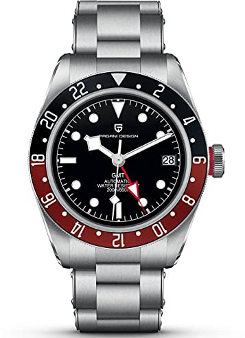 Pagani Design 1706 GMT Herren-Automatikuhren, Edelstahl, 100 m wasserdicht, doppelte Zeit, modisch, lässig, selbstaufziehende Armbanduhr, rot / schwarz, Armband