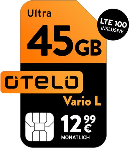 Vario L | 45 GB | 12,99 EUR/Mon. | Startguthaben 12,99 EUR | LTE 100 im Vodafone 5G-Netz | 50 EUR Bonus bei Rufnummernmitnahme | Telefon- SMS-Flat | EU-Roaming | 24 Mon. Laufzeit (Versand per E-Mail)