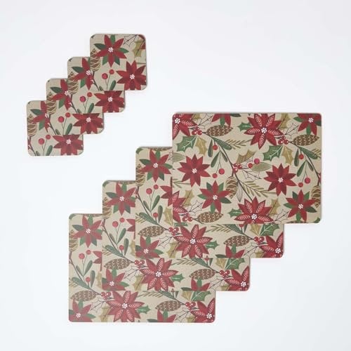 HOMESCAPES Christmas Placemat Coasters Set of 4, Festive Place Mat Red Poinsettia Dinner Tableware for Kitchen and Dining Xmas Holidays Decoration