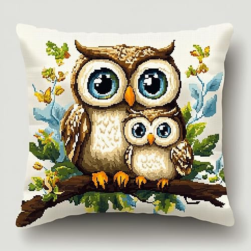 WallustrioaW Cartoon-Tiere Kreuzstich Kissen,11CT Sticken Set,Eule auf Ast,Sticksets Für Erwachsene,Anfänger,Kreuzstichkissen/Stickkissen-Set,45x45cm