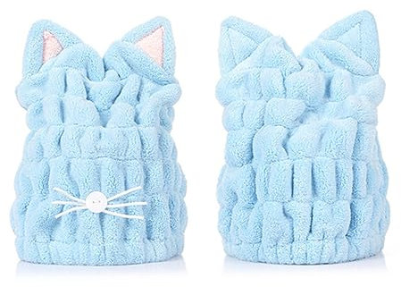VINTORKY 2stücke Katzenohren Haartrockner Duschhaube Aus Korallenvlies Dicke Saugfähige Handtücher Für Schnelles Trocknen Rosa Und Blau Für Bad Und Reisen