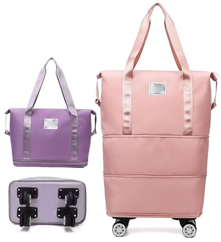 Klarson Expandable Bag with Wheels, Collapsible Luggage with Wheels, Foldable Suitcase, Reisetasche Erweiterbar mit Rollen, Faltbare Handgepäck Tasche Großer Reisetaschen für Damen Herren (Rosa)