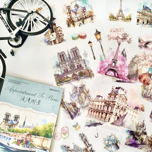 Scrapbook Zubehör Stickers,Sticker PET Scrapbook Sticker für Bullet Journal,Blumen und Landschaft Building Aufkleber Deko für Fotoalbum,Kalender,Journaling,Painting(Romantic Street View)