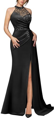 Miusol Women's Sexy Halter Sequin Lace Satin High Split Ruched Style Evening Party Maxi Dress (X-Large, Black)