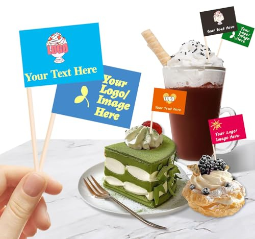 Benutzerdefinierte Zahnstocher Flaggen mit Logo/Foto 100Pcs, personalisierte Käsemarker für Hamburger Cupcakes Topper Party Dekoration Lebensmittelkennzeichnung (Style 2)