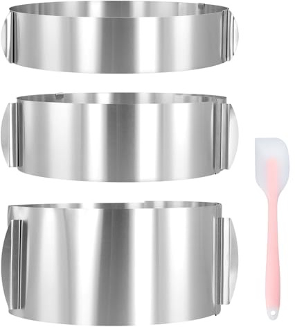 3 Verstellbare Tortenringe Set, Ø 16-30 cm, Kuchenring 6/8,5/12 cm hoher | Edelstahl, Backring Verstellbar mit Skala und Spatel für Mousse, Gebäck und Backen PUCSIQ