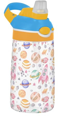 Sevdomey Watercolor Rockets Kids Water Bottle with Straw for Girls Boys, Stainless Steel Insulated Leakproof Water 480ml for School Nursery Travel Sports