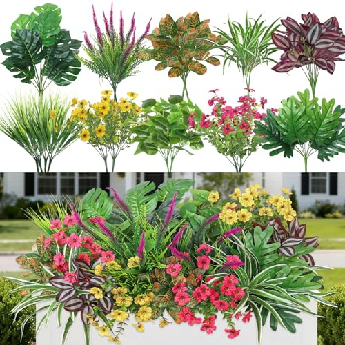 20 Bündel Künstliche Pflanzen Blumen wie Echt Monstera Kunstpflanze Outdoor | Dremisland Wetterfest Balkonpflanzen Outdoor Künstliche Pflanzen Boston Farn UV-Beständig Kunstblumen für Garten Balkon Deko