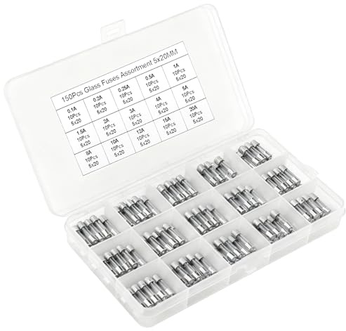 Lot de 150 Fusibles Verre à Fusion Lente 5x20mm Fusibles à Tube 250V 0.1 0.2 0.25 0.5 1 1.5 2 3 4 5 8 10 12 15 20A Boîte de Rangement Transparente, Assortiment de 15 Valeurs