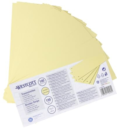 Westcott Trennstreifen 100 Stück Pastellgelb | Robuste Heftstreifen 190g/m² für A4 Ordner | Trennblätter 10,5 x 24 cm | Register mit 2-fach-Lochung für DIN-A4 Dokumente | E-733318 00