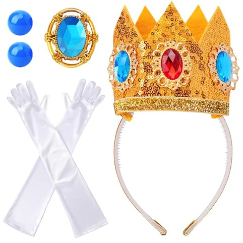 4 Stück Prinzessin Peach Kostüm Zubehör, mit Prinzessin Krone Haarreifen Ohrringe Handschuhe Brosche, Golde Prinzessinnen Peach Krone Damen Accessoires, für Motto Party Karneval Fasching Geburtstag