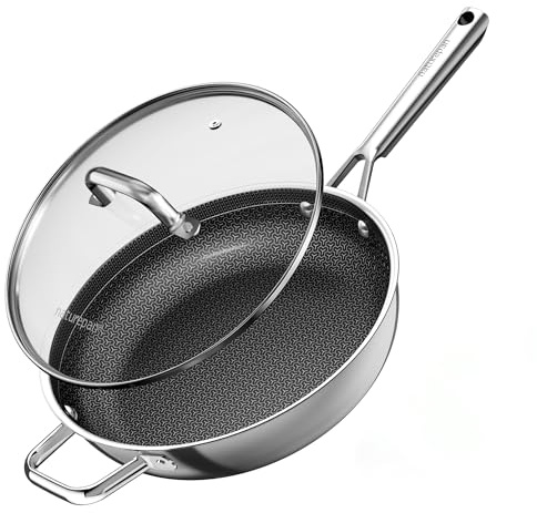 naturepan 28cm Hybrid Ceramic Deep Frying Pan, 5-Ply Diamond-Titanium Nonstick Stainless Steel Pan, Hexagon Surface, Dishwasher/Oven Safe
