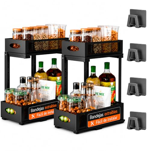 XARA Organizador Bajo Fregadero Metal Negro Pack 2 | Doble Altura, Bandejas Extraíbles