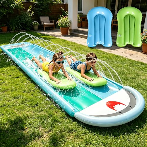 Wasserrutsche Garten, 5,5 * 1,4M Doppel Wasserrutschmatte, Wasserspielzeug Outdoor mit 2 Surfboard, Rasen Wasserrutsche Rutschmatte mit Sprinkler, Wasserbahn Duell für Garten Rasen