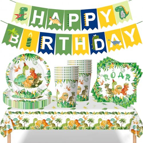 AURALIN Dinosaur Tableware Set 54 Pieces with Tablecloth for 16 Guests | Includes 16 nine-inch plates 16 paper cups 20 napkins 130 x 220 cm tablecloth and matching banner for party tables