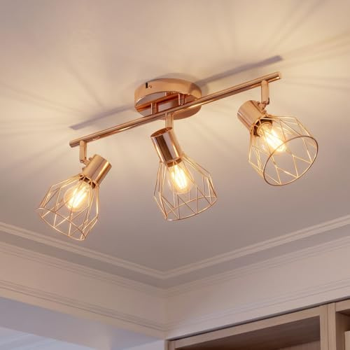 ANWIO Kitchen Lights Ceiling,3 Way Rose Golden Industrial Ceiling Light-Adjustable SpotLights Ceiling Lights,Light Fittings Ceilings,Ceiling Lights Living Room.Wall Lamp(E14 Base,NO Bulbs)