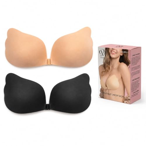QM Reggiseno Adesivo Push Up, Reggiseno Invisibile Senza Spalline, con Chiusura Frontale, Effetto Push Up Naturale 2Paia Coppa B Nero+Pelle