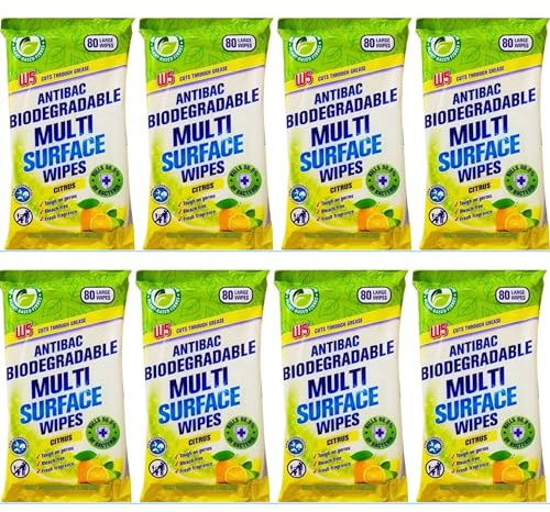 Biodegradable Multi Surface Cleaning Wipes 80 Large Citrus Wipes Plant Based Fibre Bleach Free Kitchen Bathroom Floor Cleaning Wipes Grease Removal Household Surface Cleaner Fresh Scent Pack of 8