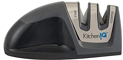KitchenIQ 50825, Diamant Deluxe Edge Grip, 2-stufiger Messerschärfer, schwarz, grob und fein, kompakt für einfache Lagerung, rutschfeste Unterseite, weicher Gummigriff, gerade und gezackte Messer