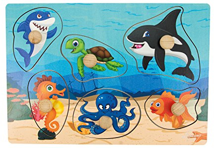 Greif-Puzzle Meerestiere 1 aus Holz, mit 6 Teilen - Holzpuzzle, Steckpuzzle mit Seepferdchen, Schildkröte, Hai, Fisch, Oktopus und Wahl für Kinder ab 1 Jahr