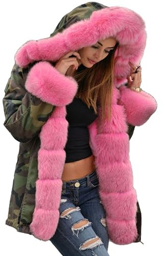 Aor Femmes Mode Fausse Fourrure À Capuche Camouflage Militaire Lâche Plus La Taille Manteau D'hiver En Plein Air Parka Anoraks (38-40, Pink Faux Fur)