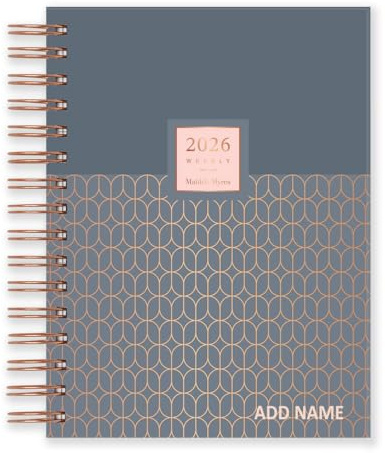2026 A5 Wochenplaner von Matilda Myres – Januar bis Dezember – Hardcover – Spiralbindung – Personalisierte Version – Liegt beim Schreiben flach – Grau