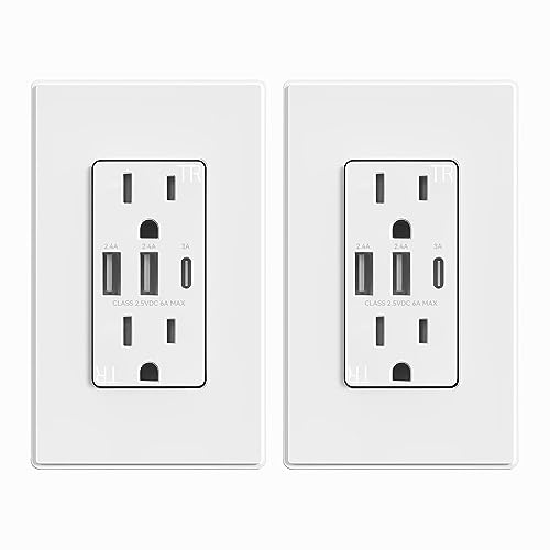 ELEGRP Lot de 2 prises USB, prise murale USB C à 3 ports, prise électrique USB 30 W 6,0 A, prise inviolable de 15 A avec ports USB C, certifié UL, plaque murale sans vis incluse, blanc mat