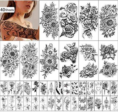 Tatouage temporaire étanche pour femmes et filles 10 feuilles extra plus grandes et 30 feuilles minuscules faux kits d'autocollants de tatouage pour la décoration de fête