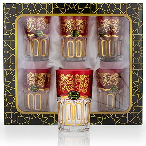 Saharashop 6 Premium Orientalische, Marokkanische, Teegläser, Atay Gläser, Cay Gläser, Gold Rot, Glasbecher, Gläserset, Caygläser, Ataygläser, Trinkgläser geeignet für Heiß- oder Kaltgetränke