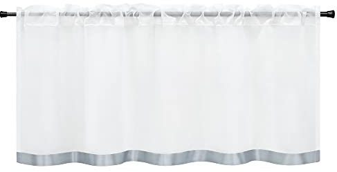 HeichkelL Scheibengardine Voile Bistrogardine mit Satinband Kurzstores Tunnelzug Gardinen Küche Vorhang aufgenähte Satinband als Bordüte Grau BxH 120x30 cm