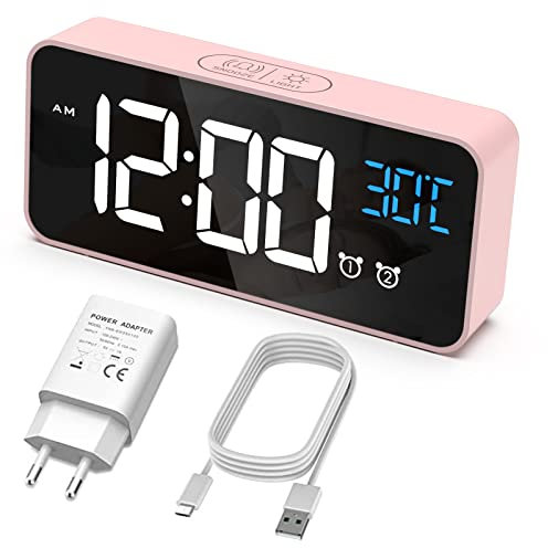 HERMIC Sveglia Digitale, Sveglia da Comodino con Temperatura, Orologio Digitale con 2 Allarme, Snooze, 4 Livelli di Luminosità, Controllo Vocale, USB Ricaricare, Sistema 12/24 Ore (Rosa)