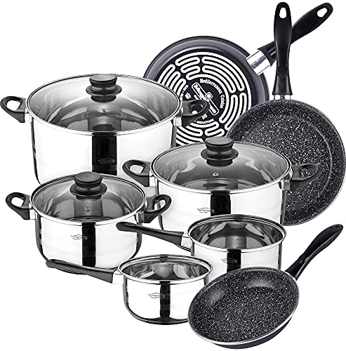 Bateria de cocina 8 piezas SAN IGNACIO Toledo, acero inoxidable, con juego sartenes (18/20/24 cm) MAGEFESA K2 Gransasso en acero esmaltado