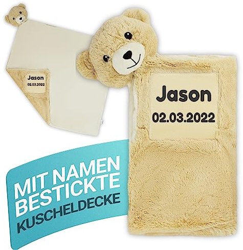 Babydecke mit Namen Bestickt. Zweilagige Kuscheldecke 75x75cm mit süßem Tiergesicht zum kuscheln. Baby Geschenk zur Geburt für Jungen und Mädchen