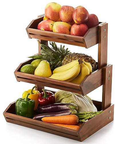 HOLANA Acacia 3 Tier Fruit Basket for Counter – Wooden Fruit Bowl for Kitchen Counter Organizer & Produce Storage Wooden Basket, Snack Organizer for Countertop, Kitchen Counter Storage (Acacia)