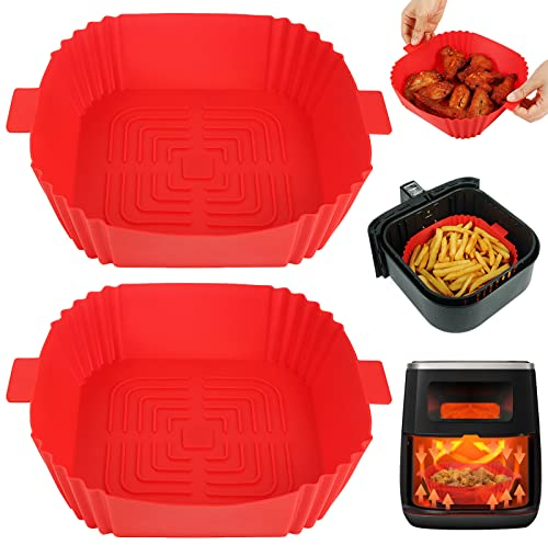 BYKITCHEN Air Fryer Silicone Liner, 2 Pack Air Fryer Silicone Pot Square, Silicone Baking Basket/Tray, Air Fryer Accessories for COSORI, Ninja, Tower, Salter Air Fryer (Red)