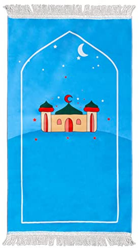 Windplusya Gebetsteppich für Kinder, 19.7x35.4 in Weicher Dicker Cartoon-Quasten Muslimischer Eid-Geschenk für Jungen/Mädchen.(Blue House)
