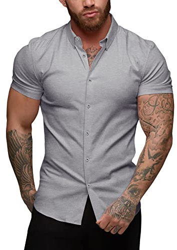 URRU Men's Muscle Dress Shirts Slim Fit Stretch Short Sleeve Casual Button Down Shirts for Men Grey L