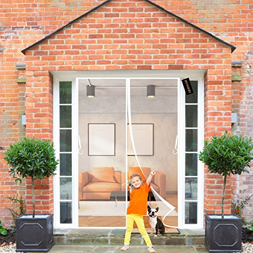 Magnetic Fly Screen Door 180x190cm White Mesh Fly Curtain Magnetic Top-to-Bottom Seal Snaps Shuts Automatically Easy to Install Without Drilling for French Doors/Patio Doors