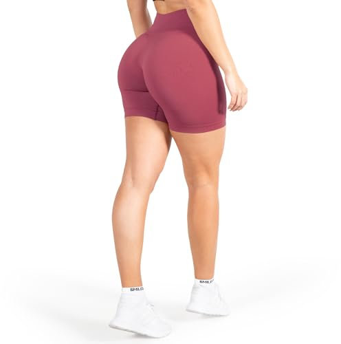 SMILODOX Sport Shorts Damen Amaze Pro, Seamless Blickdichte Radlerhose, Unsichtbarer Scrunch-Effekt, V-Shape High Waist Kurze Sporthose Biker Shorts Yoga Fitness Gym, Größe:XS, Color:Bordeaux