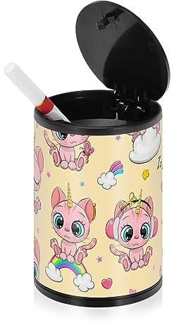 Aschenbecher mit niedlichem Cartoon-Kätzchen-Einhörner für Zigaretten für Männer mit Deckel, Edelstahl, tragbar, geruchsdicht, Aschenbecher für Auto, für Zuhause, Camping, Camping