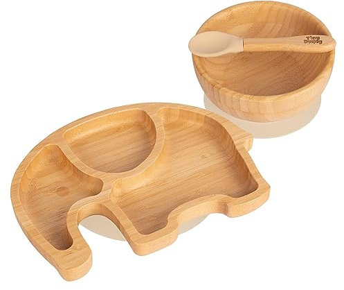 Tiny Dining Baby Dinner Set - Elephant - Beige - 3pc - Divided Non-Slip Bamboo Self-Feeding Weaning Plate, Bowl & Spoon for Babies, Toddlers, Children