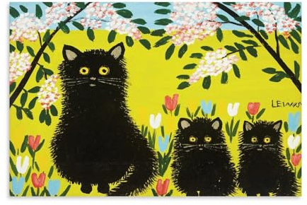NgAnoh Maud Lewis Leinwanddruck, Motiv: Drei schwarze Katzen von Maud Lewis, Geschenke, Leinwandmalerei, Wandkunst, dekoratives Bild, Drucke, moderne Dekoration, 12x18in / 30 x 45 cm