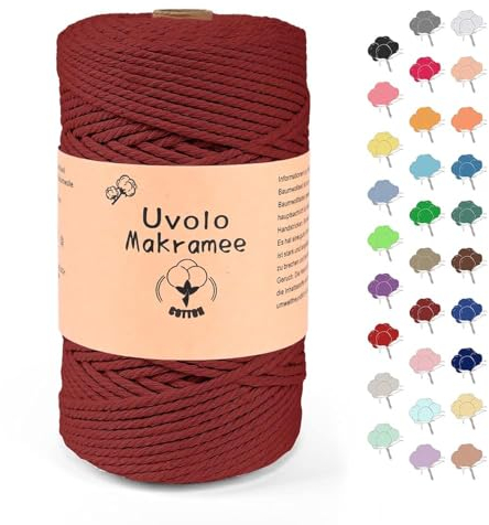 Uvolo 3mm x 200m Makramee Garn, Baumwollgarn, Macrame Kordel für Basteln, Pflanzenbügel-Rotwein