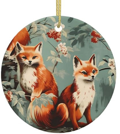 Vintage Tier Fuchs Blumen Weihnachtsschmuck, Weihnachtsschmuck Weihnachtsbaum Hängende Ornamente, Runde Keramik Festliches Andenken Geschenk für Weihnachtsdekorationen Urlaub Home Party Dekorationen