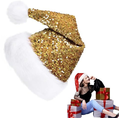 Goldene Pailletten-Weihnachtsmütze, 35 x 45 cm, klassische Weihnachtsmütze aus Samt, Plüsch, Weihnachtsmannmütze, Unisex, Weihnachtskostüm, Weihnachtsmütze, Weihnachtsmütze, Weihnachtsfeierhüte für